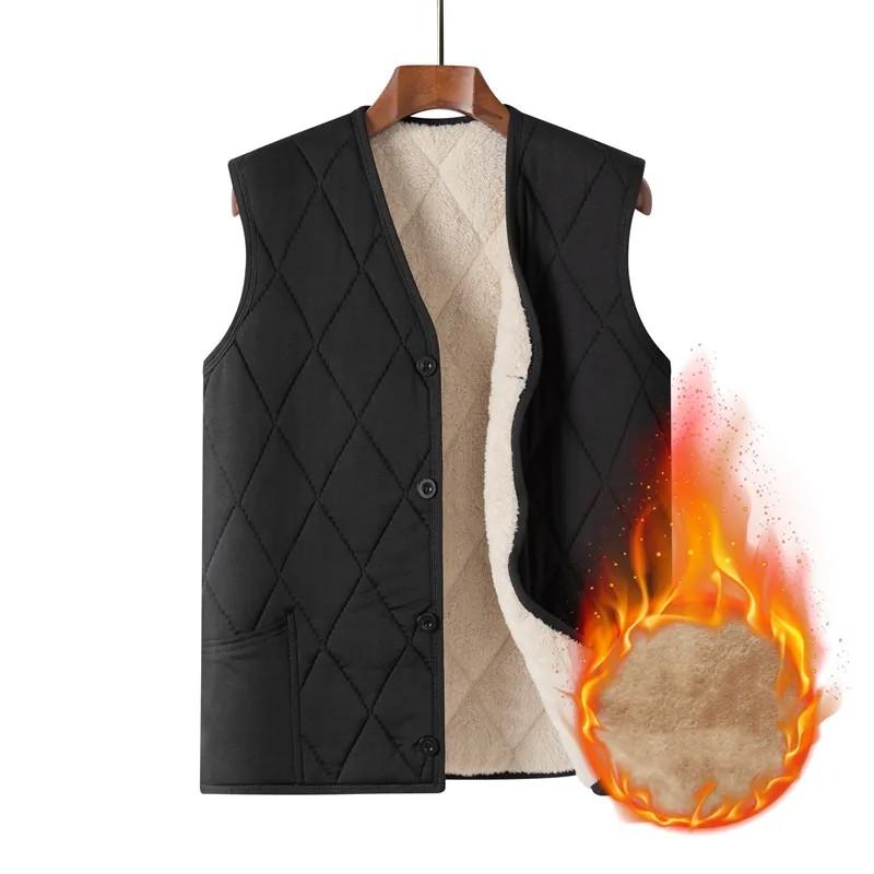 Men Autumn Winter Waistcoat Lamb Fleece Vest Button Thicken Warm Solid V-Neck Casual Plaid Jackets