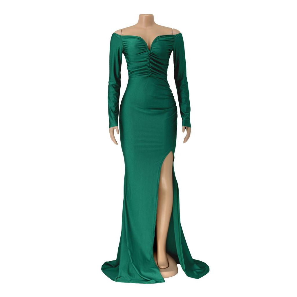 AL228 European & American Women's Silk Long Sleeve Floor-Length Dress