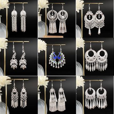 Bohemian Turquoise Tassel Drop Earrings for Women, Retro Geometric Alloy Exaggerated Hypoallergenic Ear Jewelry