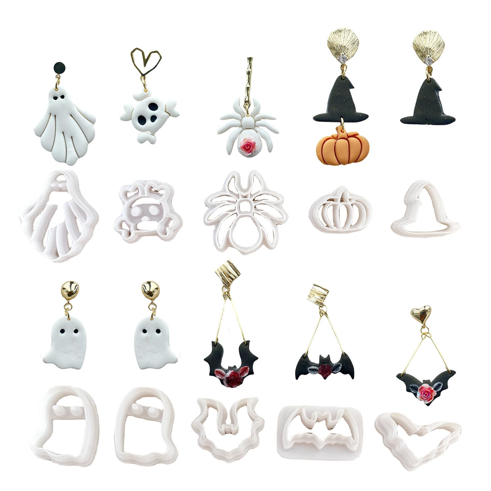

10 шт., глиняные формы для изготовления ювелирных изделий в стиле Хэллоуина, формы для сережек из глины в виде черепа летучей мыши и паука для изготовления сережек