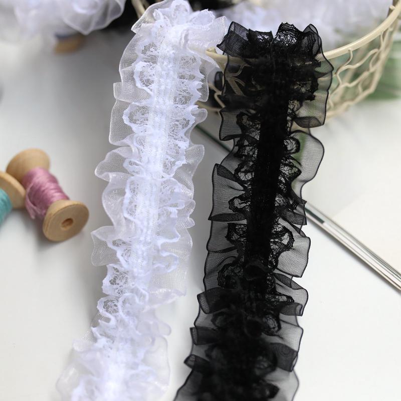 Black & White Elastic Organza Lace Trim – 4cm Pleated Band for DIY Accessories & Handmade Projects