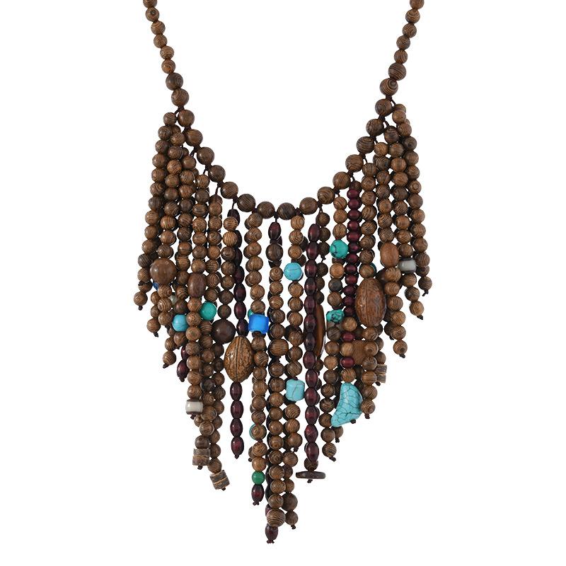 Schwere handgefertigte Holzperlenkette Vintage Bohemian Nische Übertriebene Persönlichkeit Quaste Pulloverkette Damen