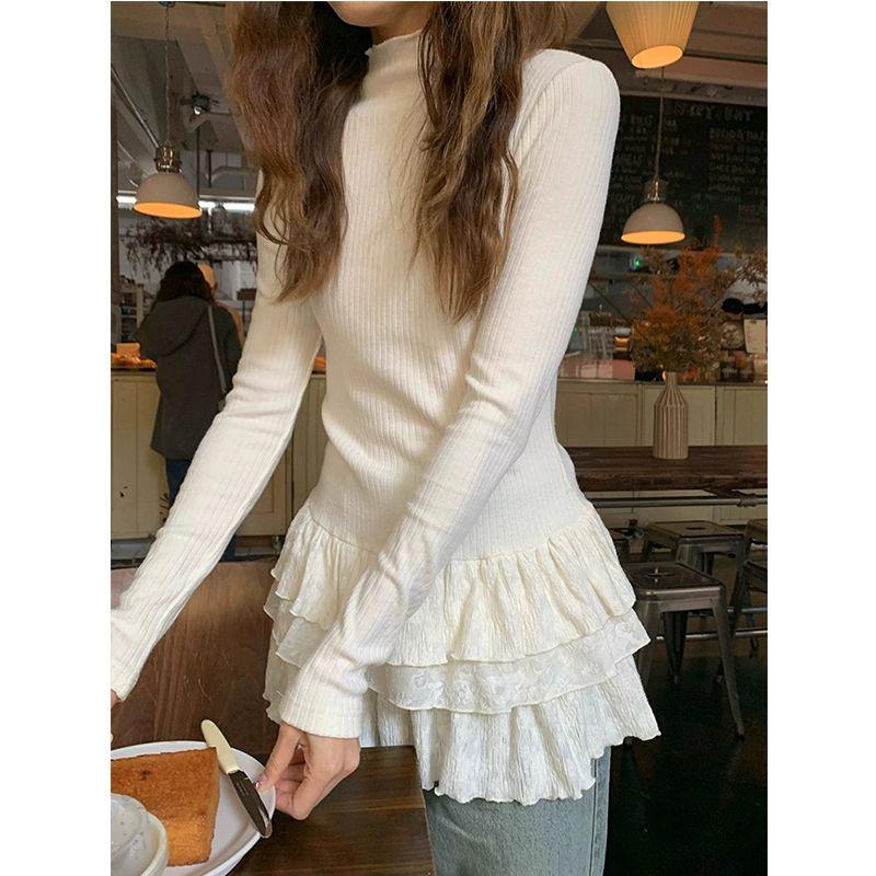 European-Style Long-Sleeved T-Shirt: Autumn/Winter Slimming Top with German Fleece, Half-High Neck