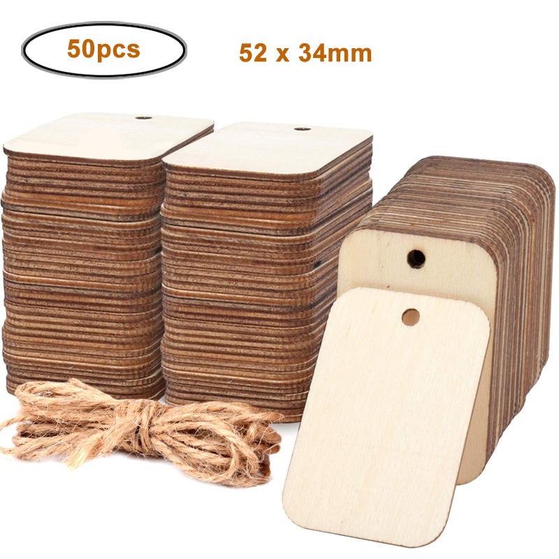 

50pcs/lot Unfinished Wood Pieces Rectangle-Shaped, Light Wooden Cutout Natural Rustic with Hole Hemp Rope, for Craft Projects