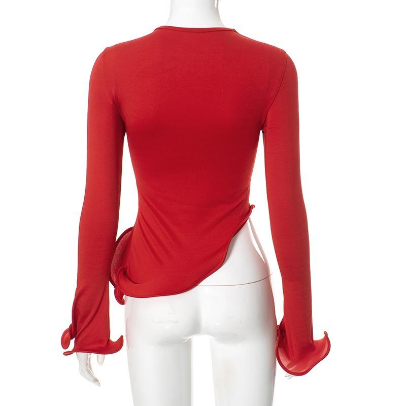 Street Irregular Ruffled Flare Sleeve Casual T-shirt for Women Fashion Elegant O Neck Slim Fit T-Shirt Women Solid Simple Y2K Female Tee Tops 26190
