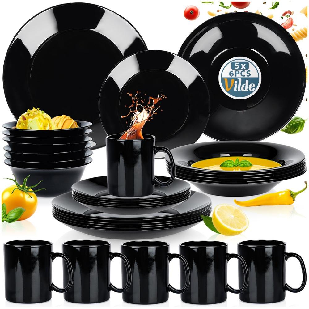Black Glass Dinner Service Set, 30 Pieces.