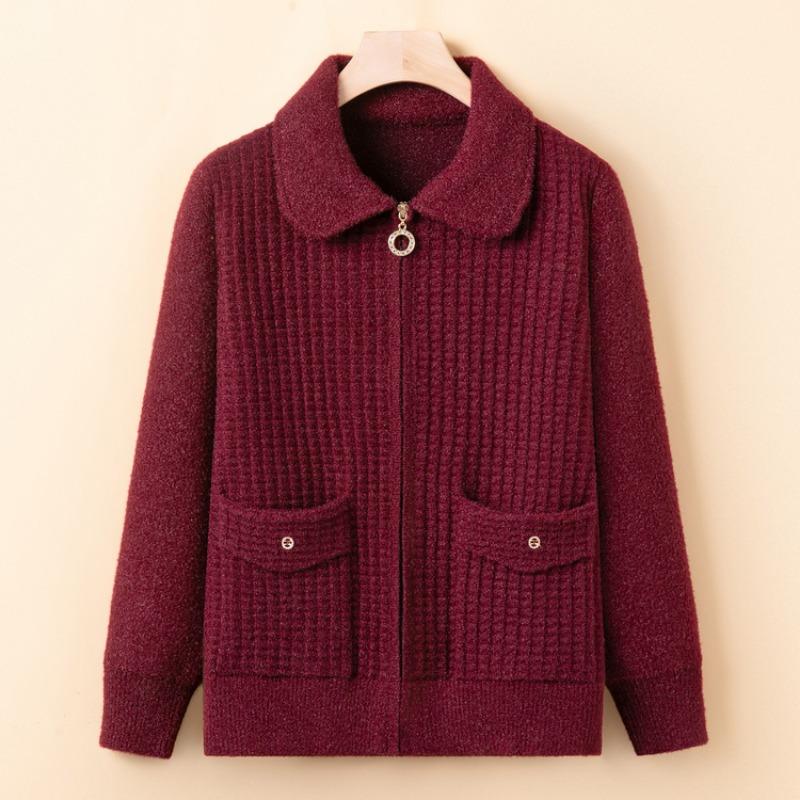 Mid-mother Early Spring Knitted Sweater Jacket Lapel Zipper Cardigan Women's Spring and Autumn New Top