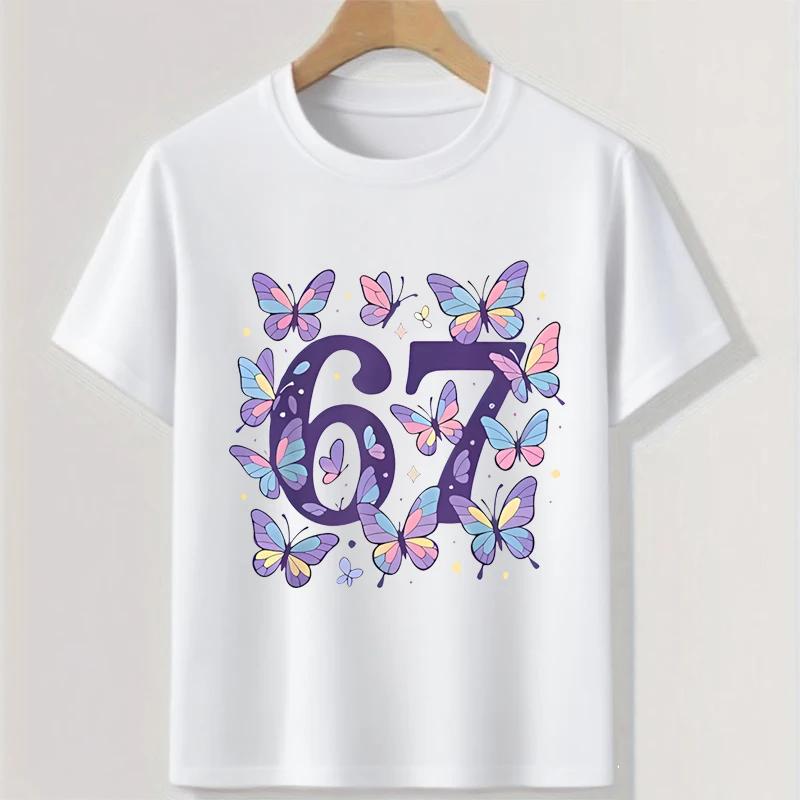 Butterfly Six Seven Print Children Tshirts Summer Girls Casual Fashion Funny Tops Kids Colorful Crew Neck Short Sleeve Tees