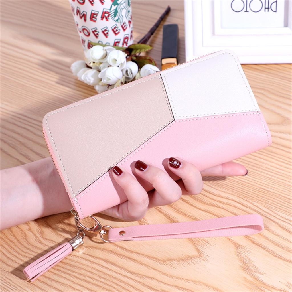 Leather Wallet For Women, Clutch Travel Tassel Purse Wristlet In Colorblock Leather With Card Slots Money Organizer And Phone Holder