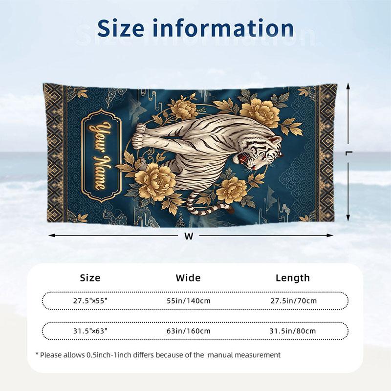 Tiger Dragon Fantasy Theme Quick Dry Beach Towel Custom Name Text Print Large Sand Resistant Towel Beach Vacation