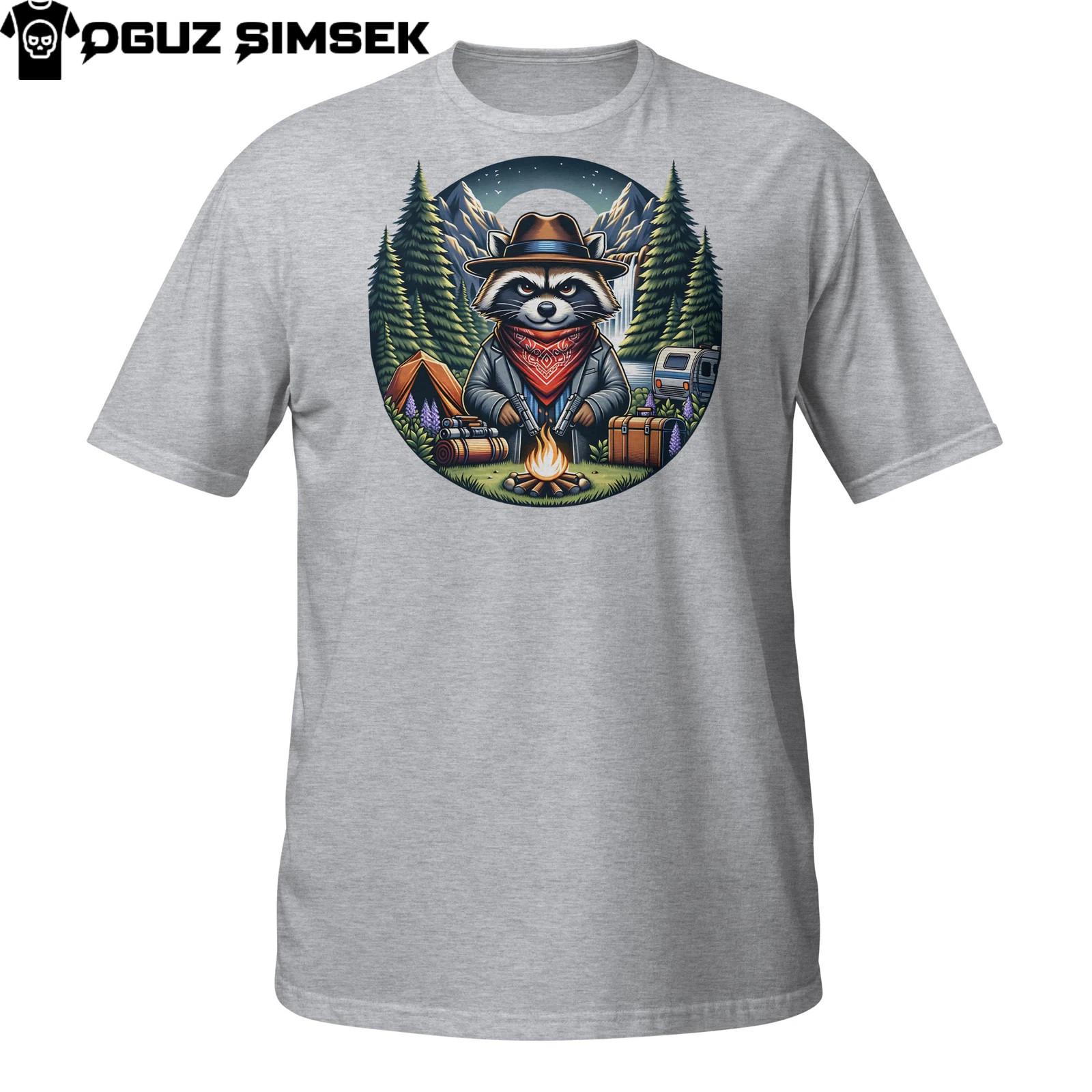 Raccoon Cowboy Camping T-Shirt Mens Womens Tees Top | Gangster Animal Campfire Forest RV Tee S
