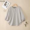 Women Casual Round Neck Solid Color 3/4 Sleeve Blouse