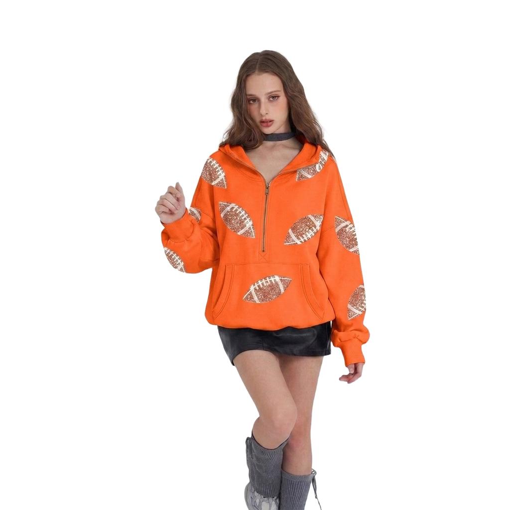 Women's Half Zip Hooded Sweatshirt with Football Print for Casual Wear