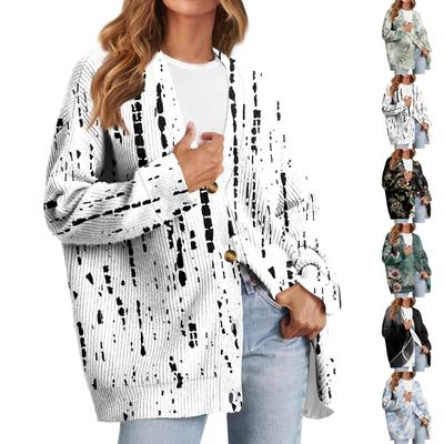 Damenmode Langarm Print V-Ausschnitt Knopf Lockerer Cardigan Top