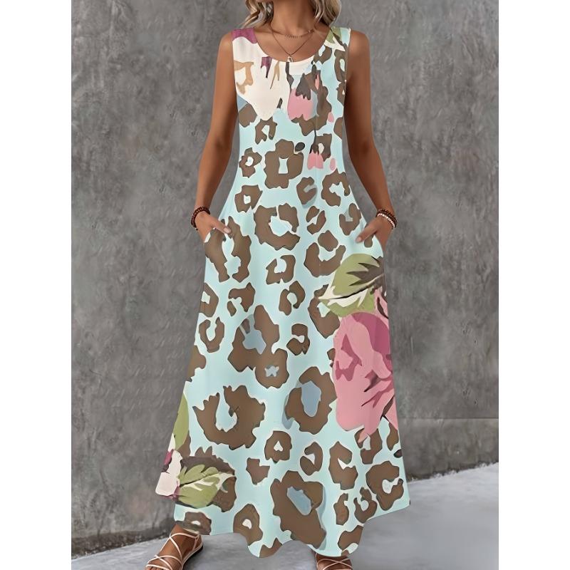 Women Sleeveless Dress Round Neck with 3D Print Long Maxi Dress for Summer Beach Vacation Casual Wear