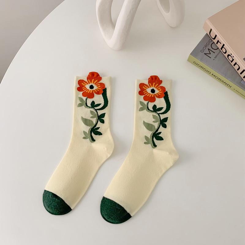 5 Pairs  Socks Women's New Spring and Summer Tube Socks Fashionable Retro Three-dimensional Flower Casual Breathable Women's Socks