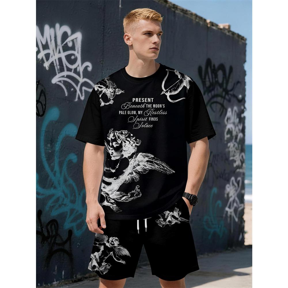 Summer New Men's Short-Sleeved Set with 3D Skull Pattern Print - Street Casual Fashion Comfortable and Soft