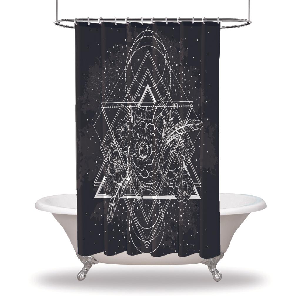 

Занавеска для душа с художественным принтом/водостойкие занавески для душа для украшения вашей ванной комнаты — Перья пионов на геометрической фигуре Mystic Black