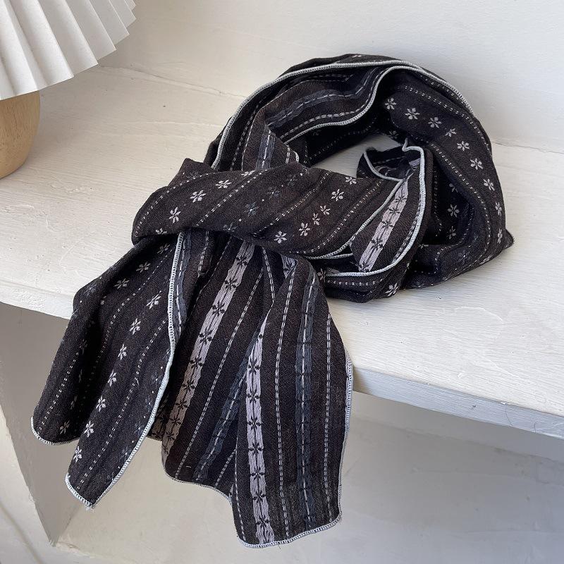 Japanese College Style Retro Literary Brown Brown Color Double-sided Flowers Cotton Scarf Female Student Neck Protection Scarf