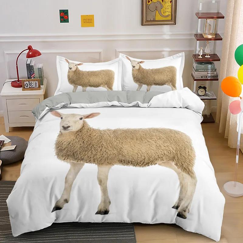 Ovečka Povlak na přikrývku King Queen Size Lovely Farm Animals Povlečení pro děti Teens Dospělí Bílá koza 2/3ks Povlak na polštář Povlak na přikrývku