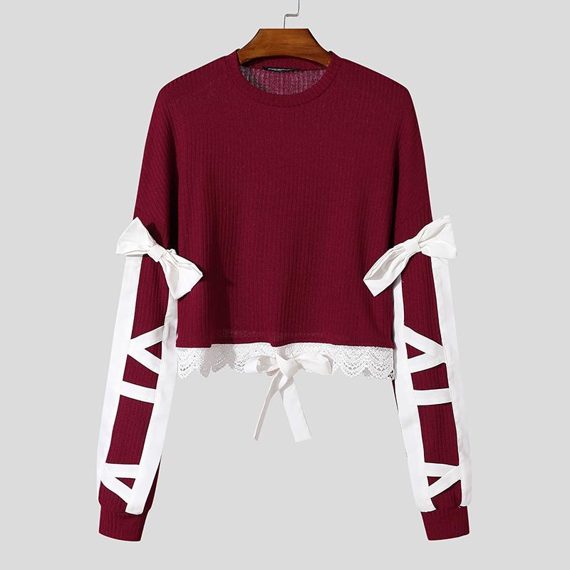 

INCERUN Мужские повседневные укороченные топы с длинным рукавом и кружевным подолом в рубчик 2XL вино красного