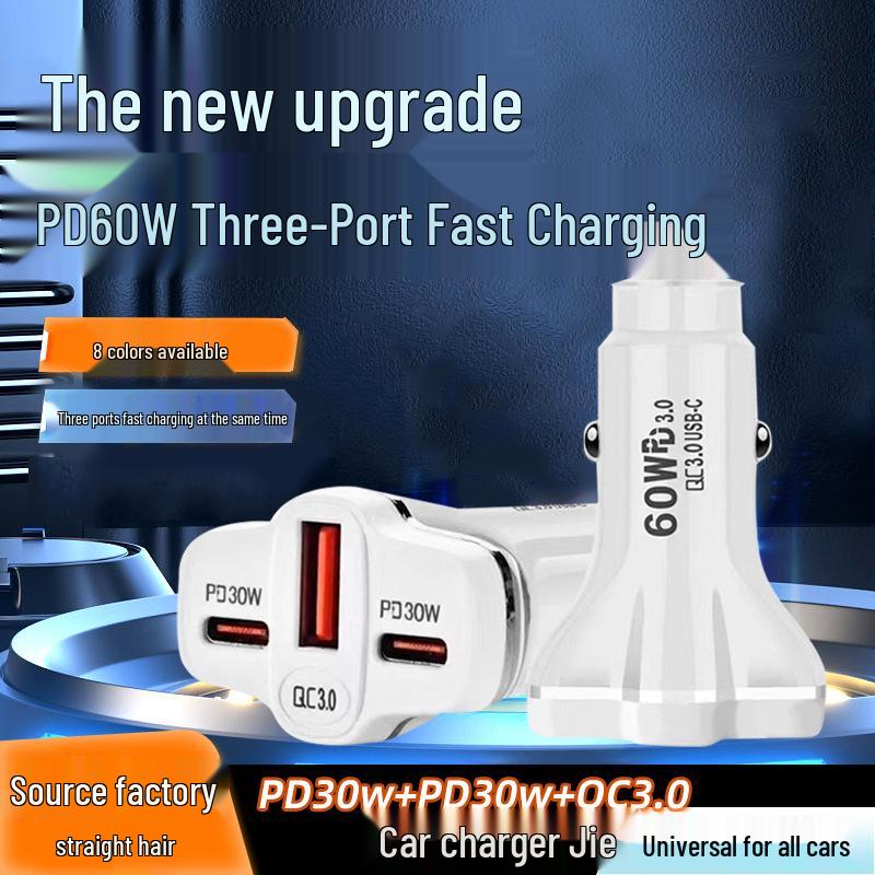 Apple-Compatible Super Fast 60W Car Charger with Three Ports (Dual USB-C)