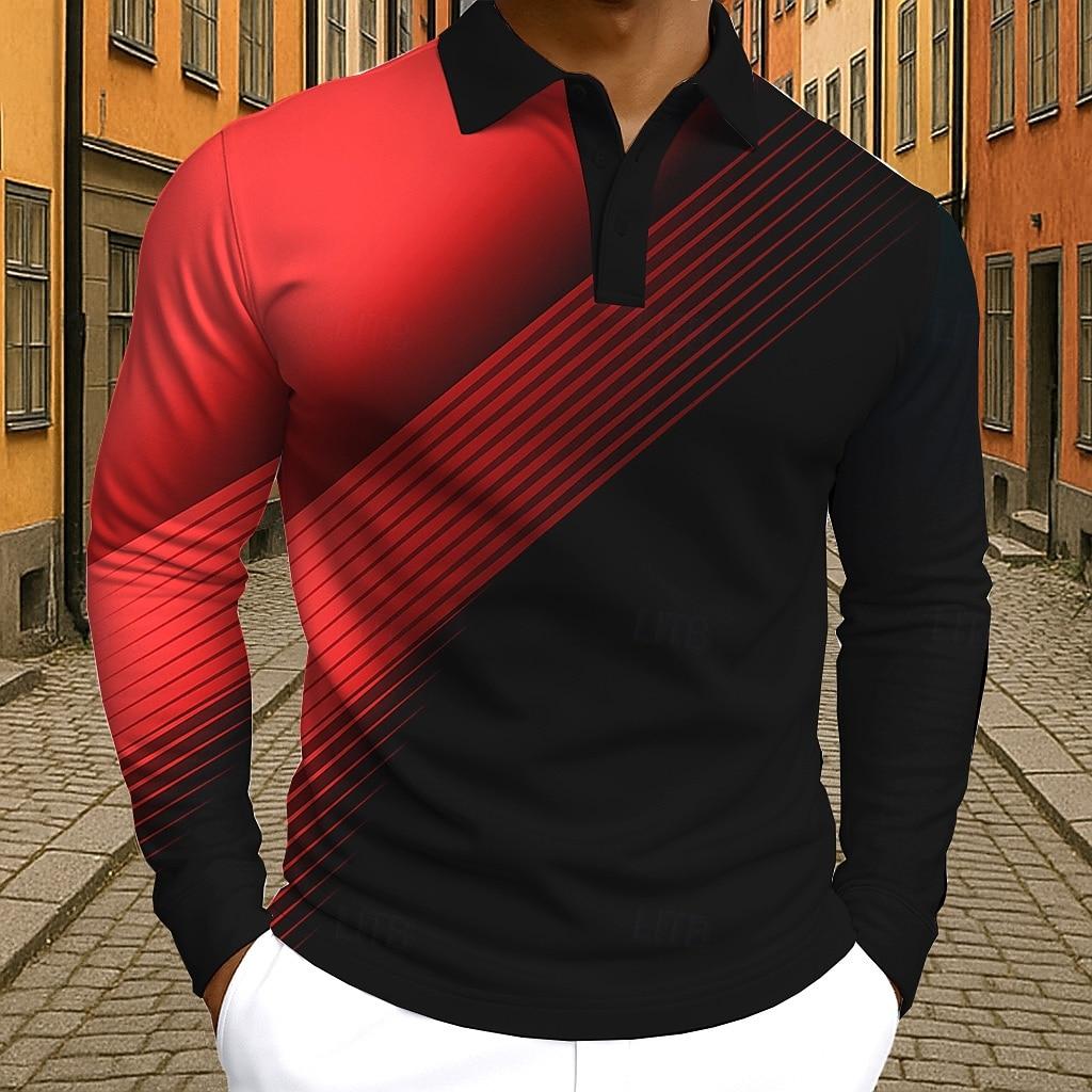 Men's 2025 Long Sleeve Polo Shirt,Polyester Slim Fit, Gradient Geometic Printed Casual Tops, Spring Autumn Quick Dry Performance