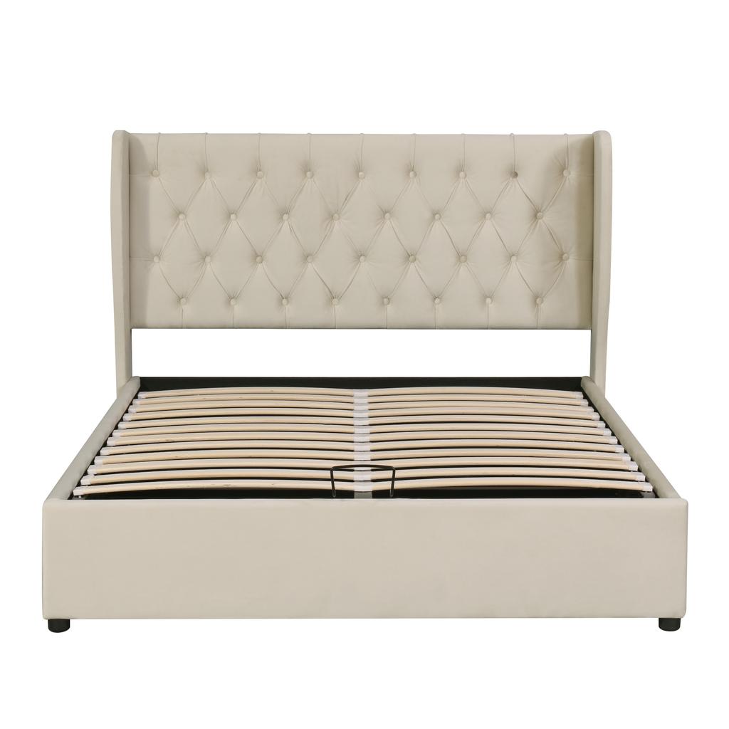 Upholstered Wingback Velvet Bed, Button Tufting, 180*200, Hydraulic Storage Bed, Slatted Frame, Underside Dirt-Repellent Black Non-Woven Fabric, Beige