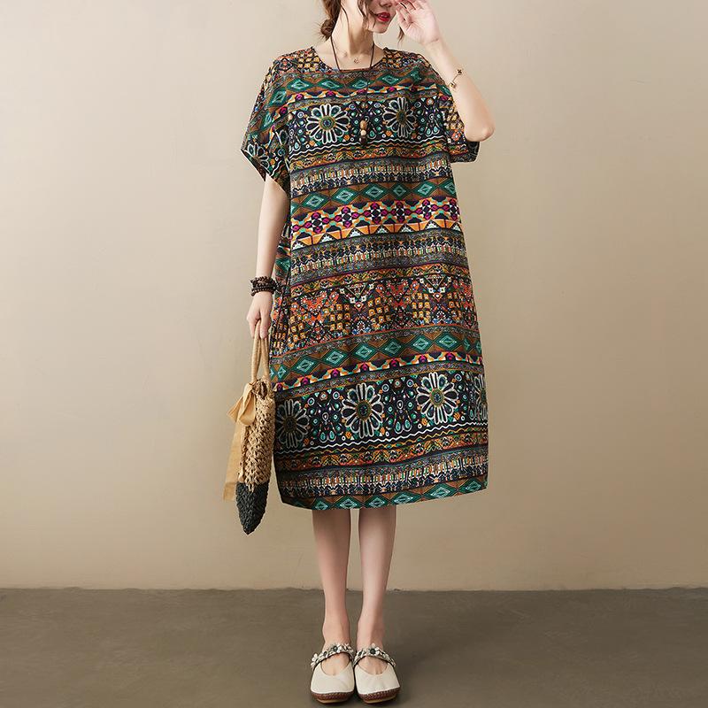Summer Vintage Printed Loose Cotton and Linen Dress