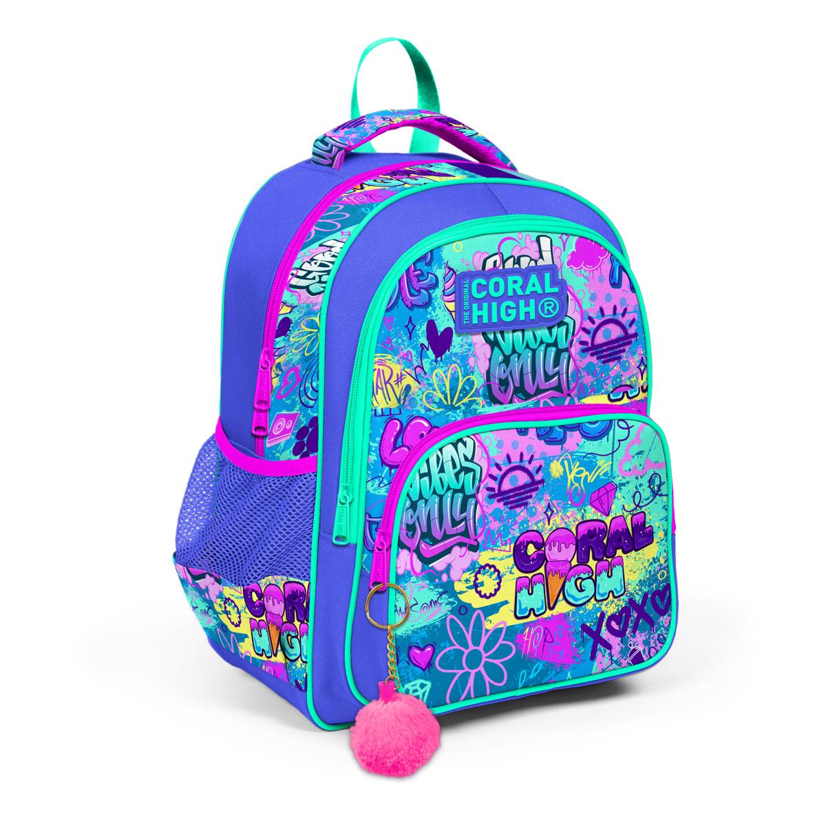 

Школьный рюкзак с тремя отделениями Coral High Kids, лавандово-зеленый, граффити, 14414