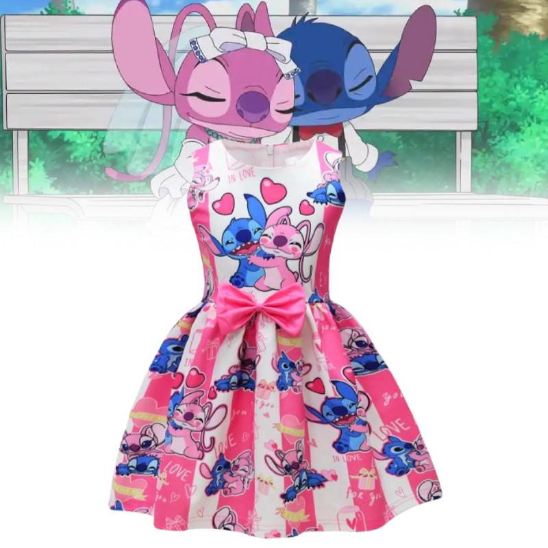 Vestido de Princesa Lilo e Stitch para Meninas com Laço de Borboleta Mistura de Algodão para Usar na Primavera Outono