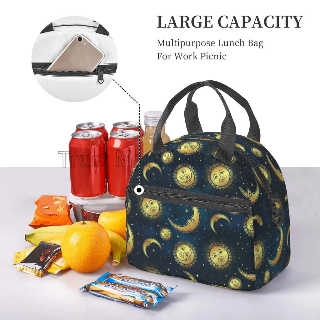 Boho Sun Moon Stars Black Mystical Insulated Lunch Bag Thermal Bento Bags with Adjustable Shoulder Strap for Picnic Beach Travel