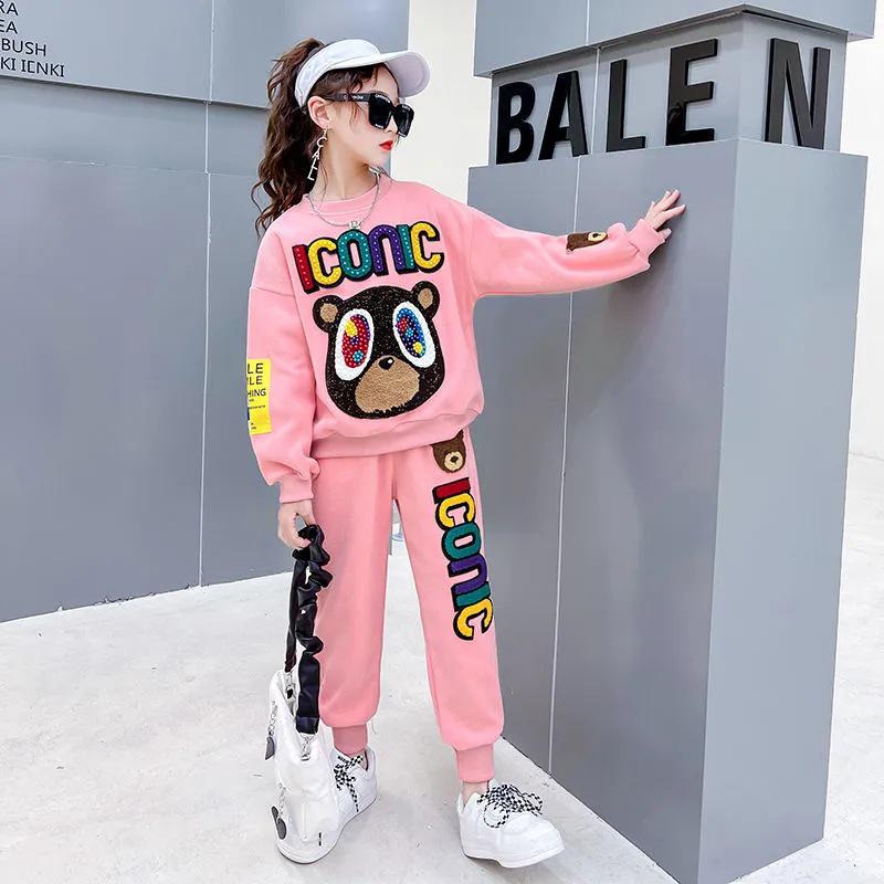 Girls' Trendy Spring Two-Piece Suit: Stylish Sweater & Print Sports Leisure Set
