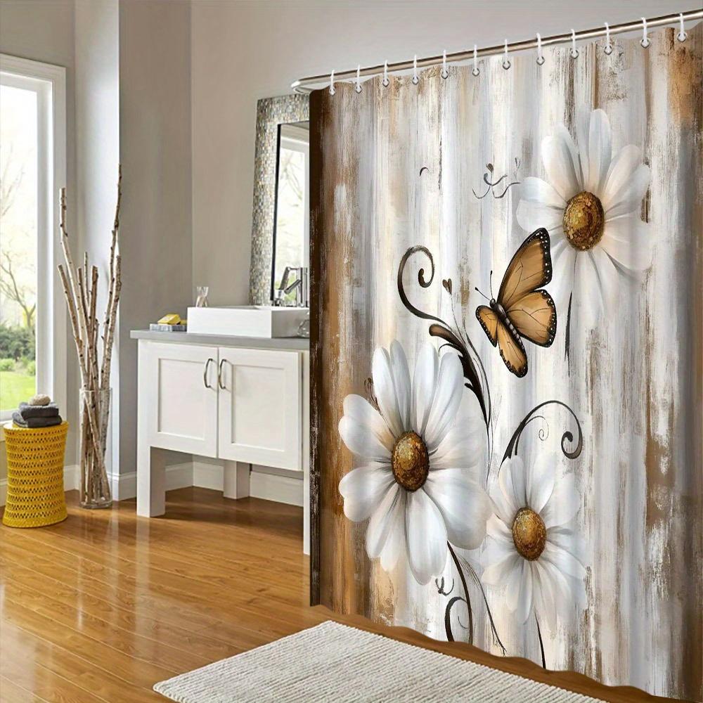 Watercolor Daisy Butterfly Shower Curtain - Rustic Wood Background, 3 Daisies & Butterfly, Vintage Whimsical Romance