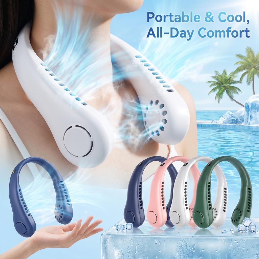 USB Rechargeable Bladeless, Portable Hands Free Personal Fan with 3 Speeds and Adjustable Angle for Outdoor Travel