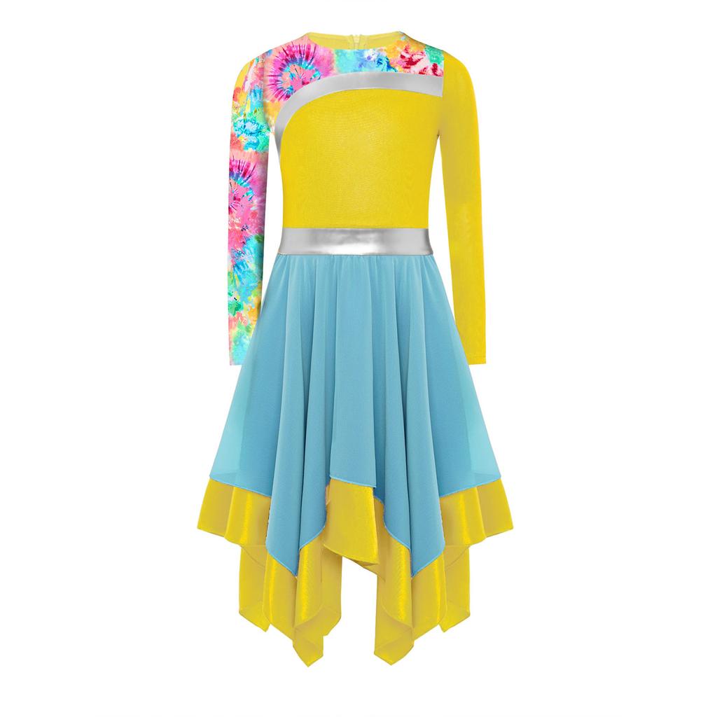Girls Worship Dance Dress Long Sleeve Color Block Patchwork Irregular Hem Elegant Stage Performance Gown