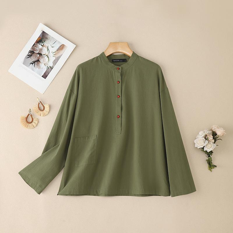 ZANZEA Women Casual Round Neck Solid Color Long Sleeve Cotton Blouse