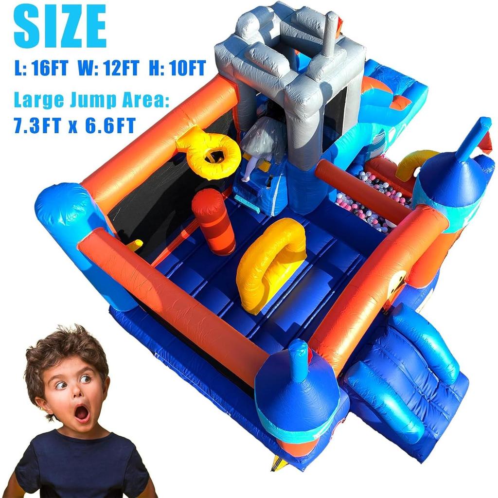 Castillo Inflable para Fiestas Infantiles, Castillo Hinchable con Toboganes y Piscina de Bolas, Juego de Lanzar Anillas, Aro de Baloncesto, Obstáculo