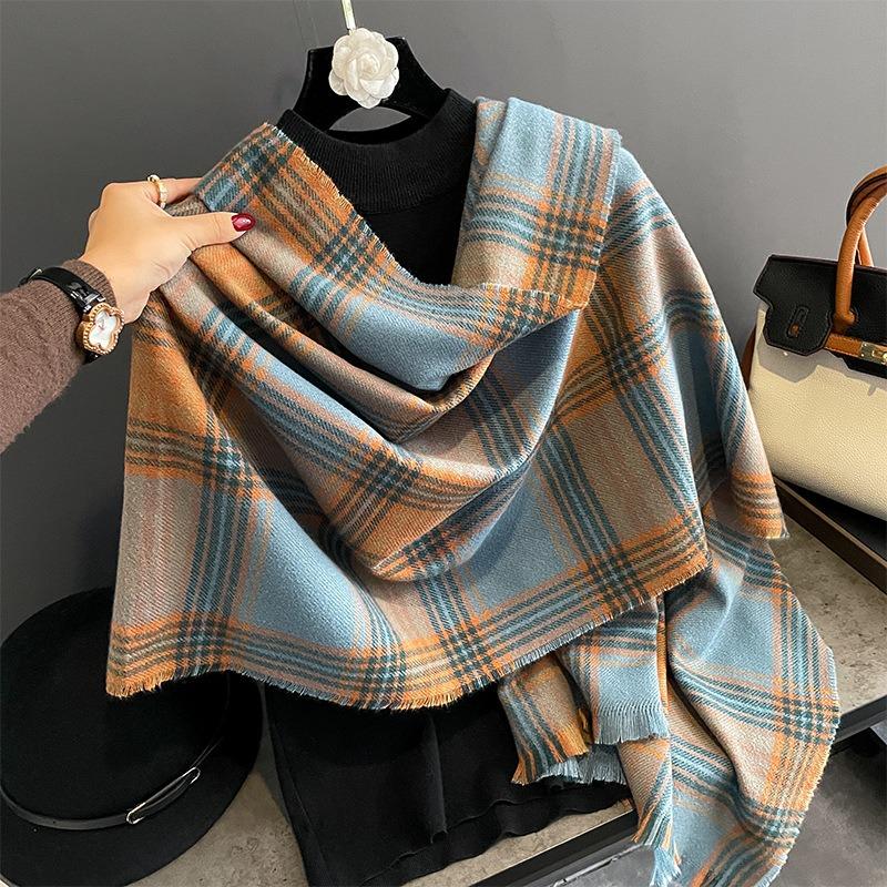 New niche blue and orange plaid scarf women's winter versatile student shawl dual-purpose warm scarf