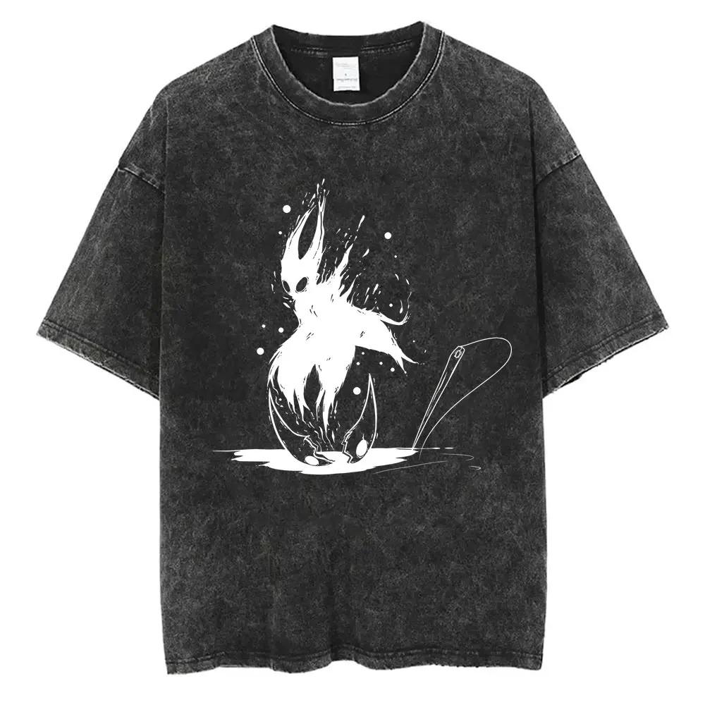 Hollow Knight Vintage Washed Gaming Merch Grafik T-Shirt Unisex Unisex Lässig Oversized Baumwoll-T-Shirt für Cosplay Cartoon-Fans