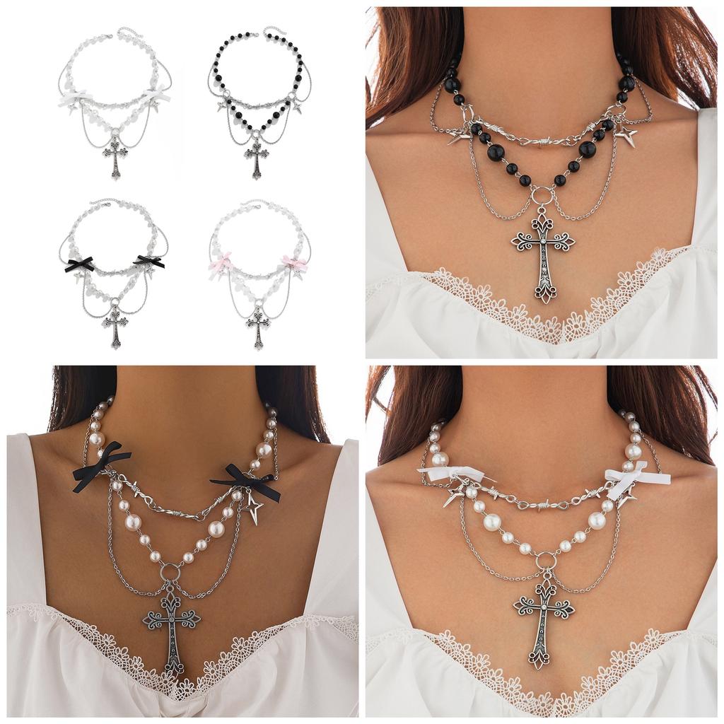 Sweet and Cool Bowknot Choker Unique Crosses Pendant Necklace with Pearls and Bowknot for a Fashion Statement