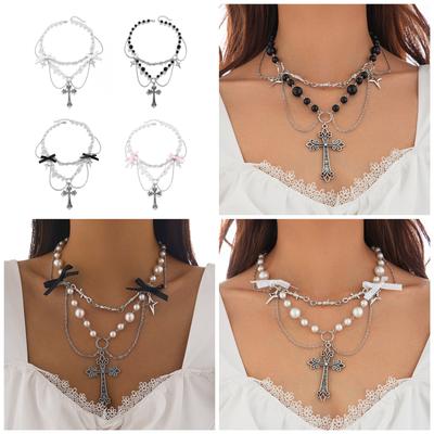 Unique Punk Bowknot Necklace Edgy Metal Crosses Necklace with Fringe and Pearls Embellishments for Trendy Outfits