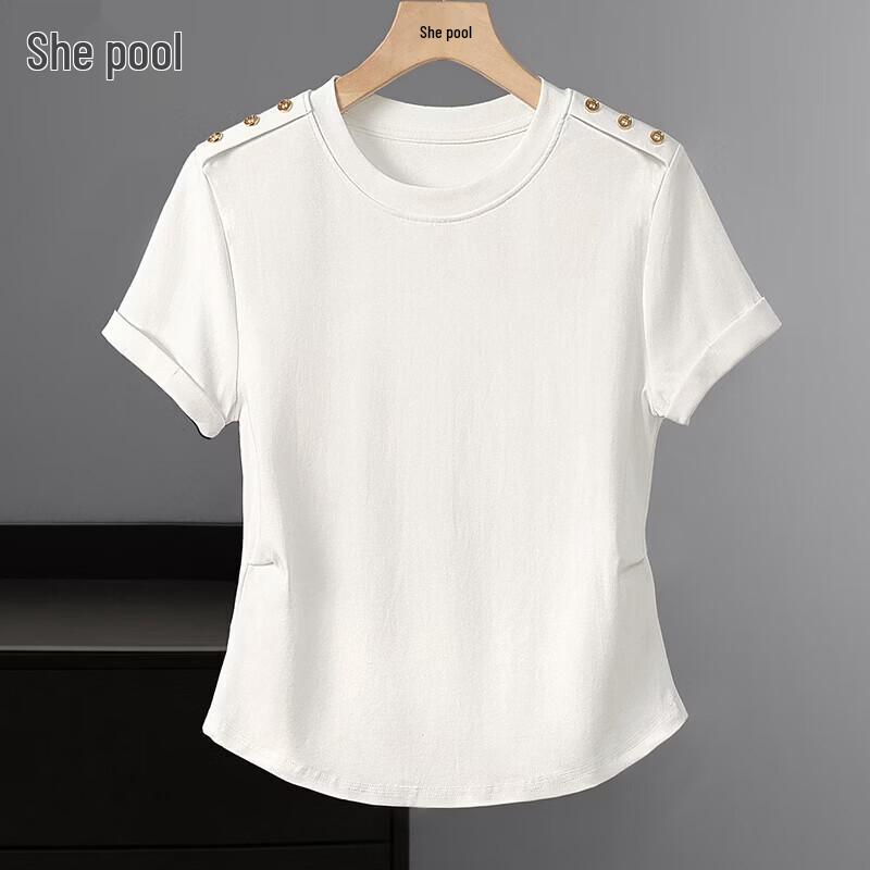 Women s Pleated Waist Curved Hem Short Sleeve T-shirt L белый