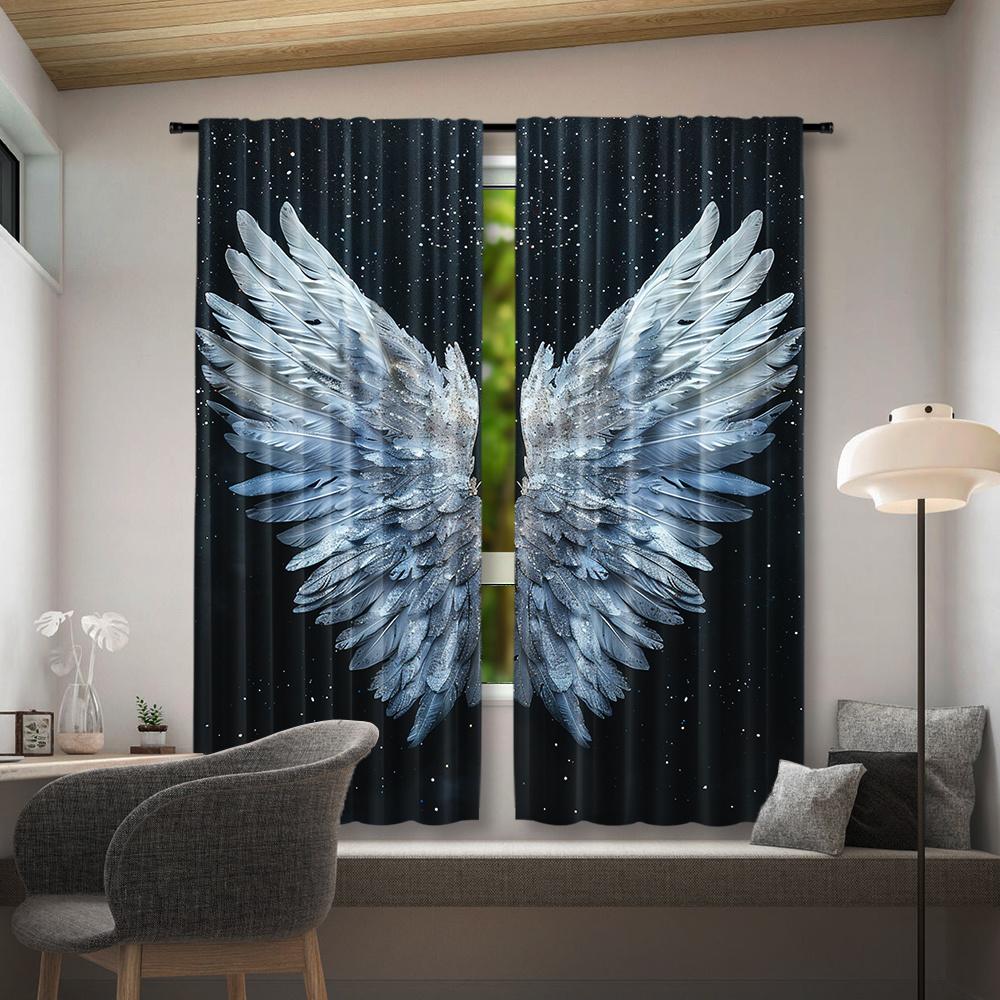 2pcs Angel Wings & Stars Black Curtains - Rod Pocket   Digital Print Polyester Drapes for Living Room   Bedroom   Kitchen   Study   D