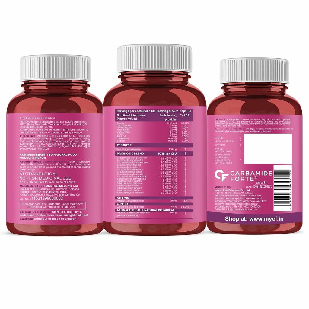 Carbamide Forte 30 Billion Probiotics Supplement with Prebiotics for Gut Health 60 Veg Capsules X Pack of 2