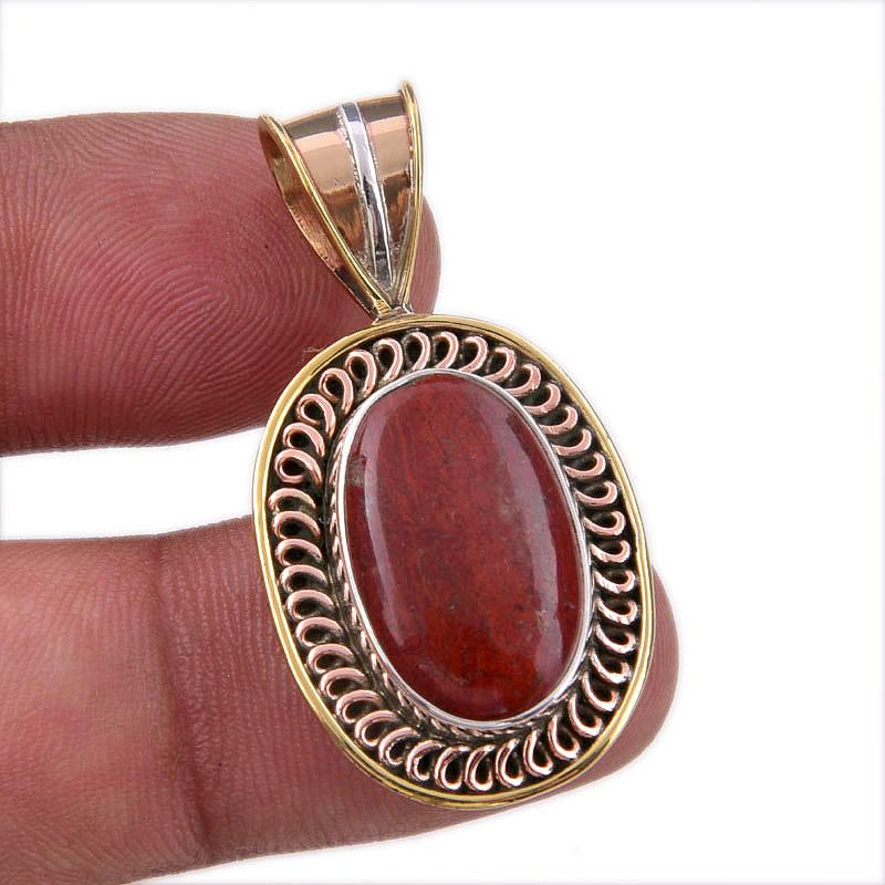 

Natural Red Jasper Gemstone 925 Solid Sterling Silver TwoTone Pendant 1.50 V9z58