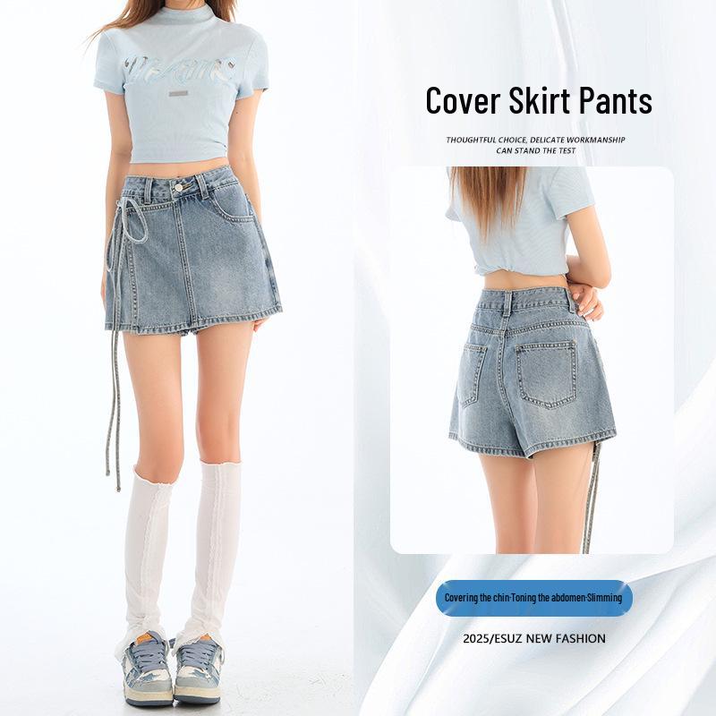 Korean Style Lace-Up High-Waisted Irregular Denim Mini Skirt for Women Small