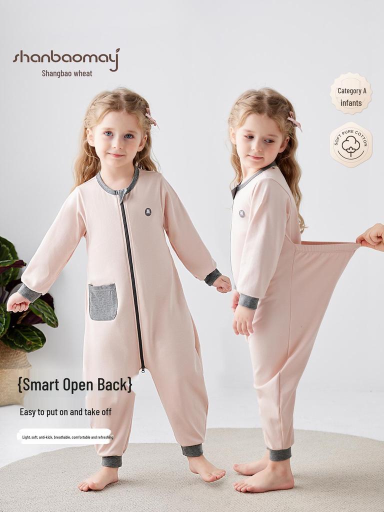 Children's Long Sleeve Cotton Pajamas with Back Zipper - Anti-Kick, Lightweight for Spring/Summer