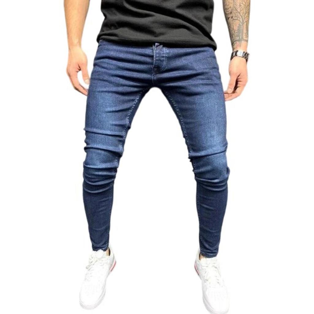 Men's Casual Small Straight Jeans Pants Fashion Wide Leg Pants Solid Color Jeans