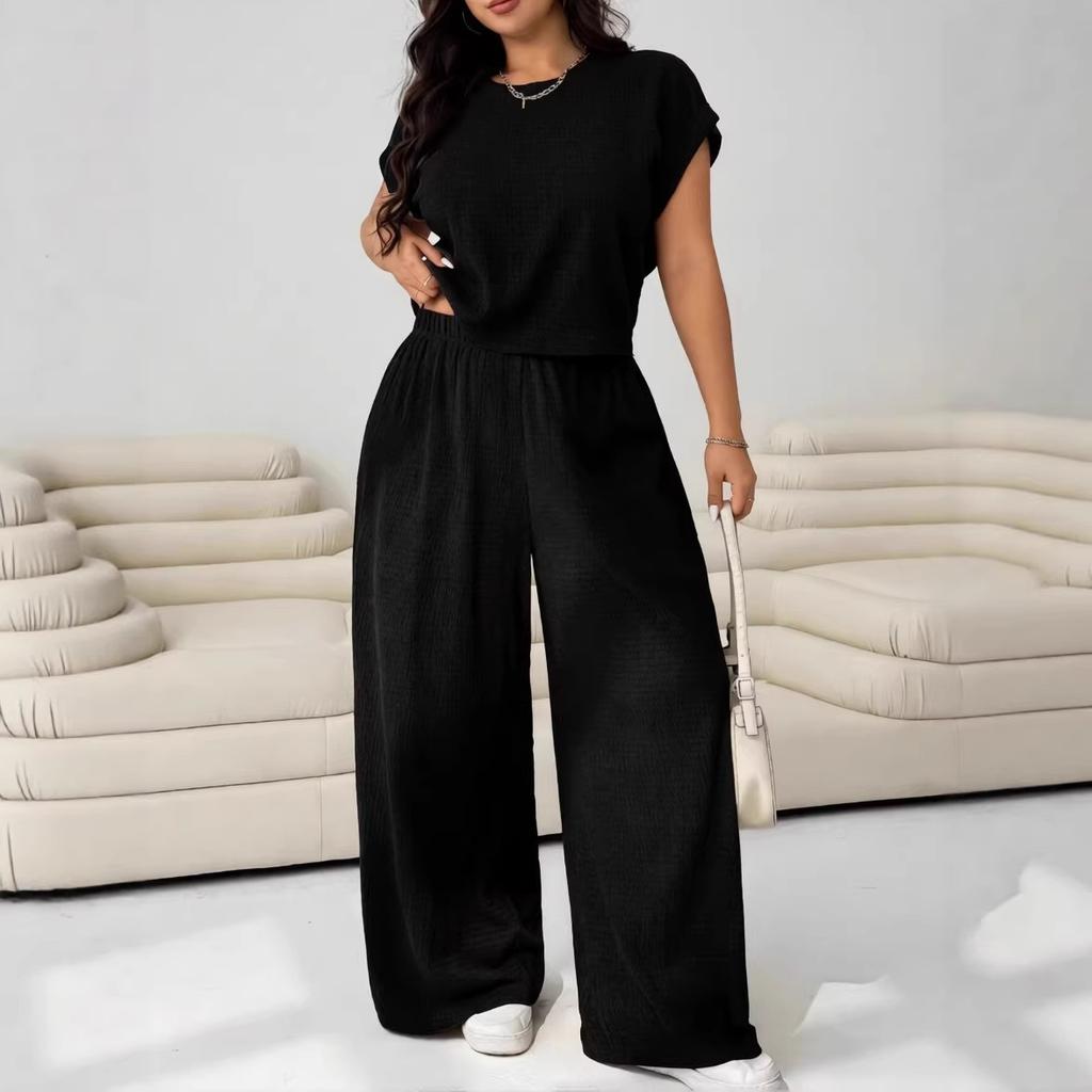 Plus Size Women 2 Piece Outfits Short Sleeve Crop Top Elastic Wide Leg Pants Casual Lounge Set Summer 2026